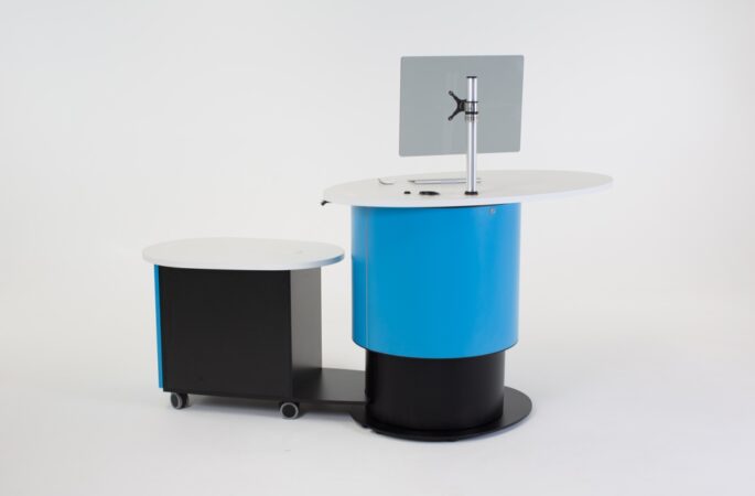 YAKETY YAK Support Caddy fits snuggly with most of our YAKETY YAK desks. Shown here with YAKETY YAK Oval 102 desk.