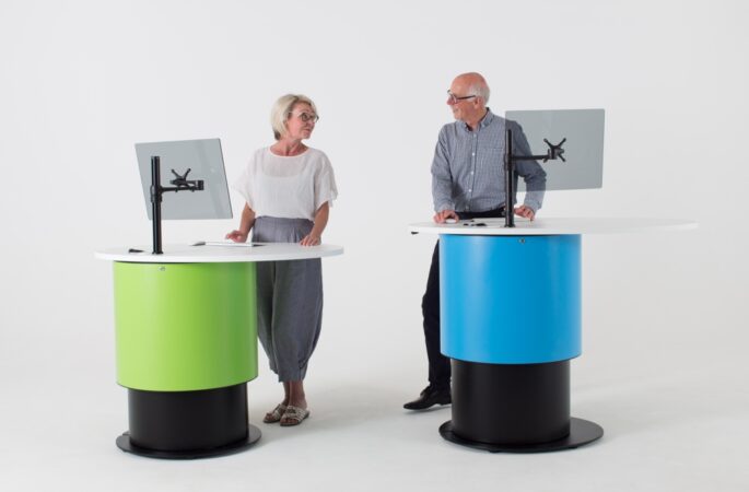 Height adjustable YAKETY YAK 102 pod allows staff to work ergonomically at seated or standing height.