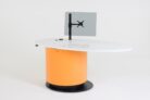 Height adjustable YAKETY YAK Oval 103 library desk lowered to seated height – staff side.