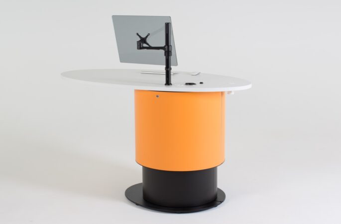 Height adjustable YAKETY YAK Oval 103 library pod raised to standing height – customer side.