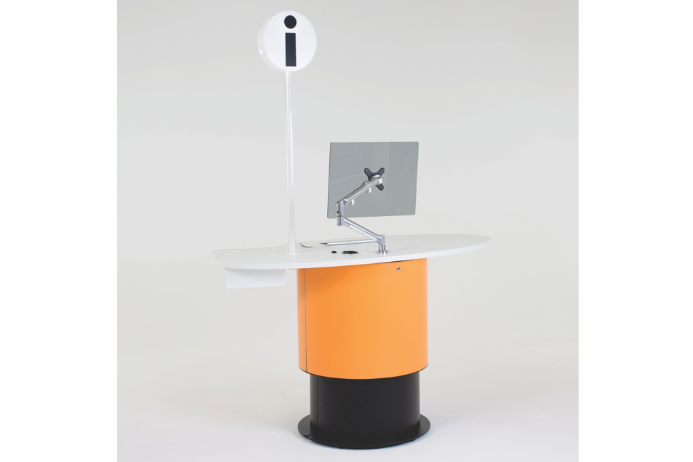 Height adjustable YAKETY YAK Oval + Drawer 104 desk raised to standing height – shown with LOLLIPOP Illuminated Sign Pole.