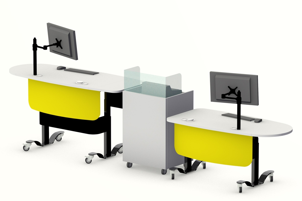 YAKETY YAK 405 Desk (seated position), teamed with YAKETY YAK 406 Desk (standing position) and our Cash/Credit Module in the center, form a dynamic circulation area.