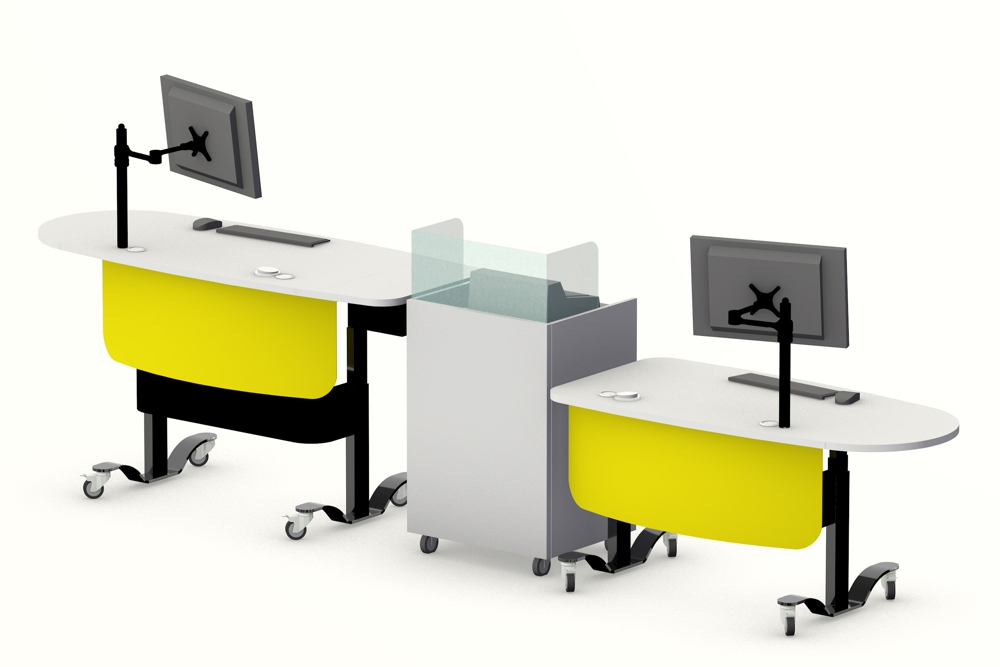 YAKETY YAK 406 Desk (standing position), teamed with YAKETY YAK 405 (seated position) and our Cash/Credit Module, form a dynamic circulation area.