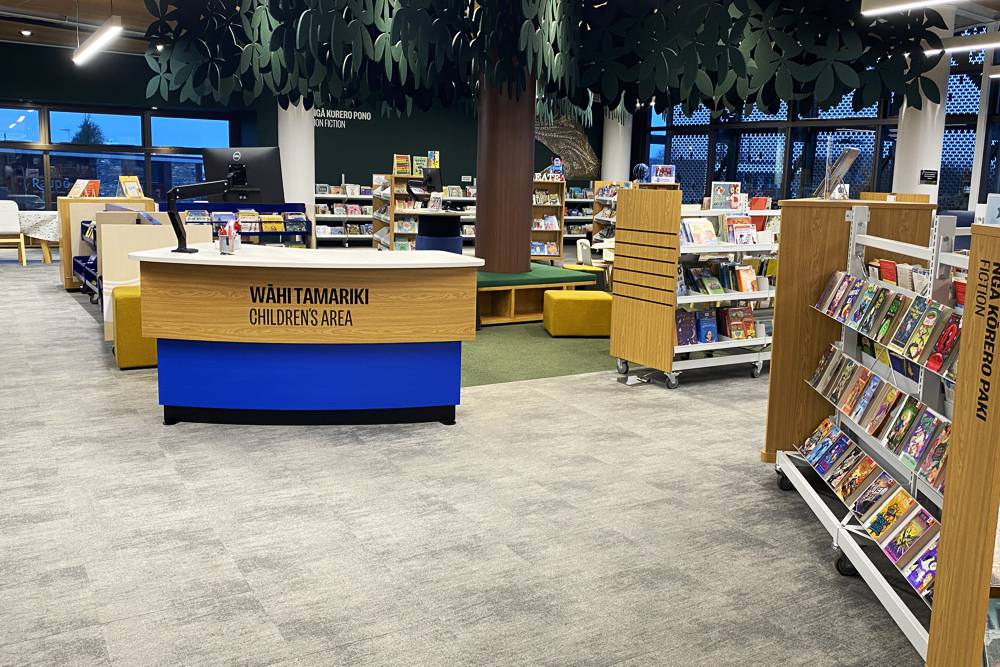 The new Yakety Yak 305 Counter in the Children’s Area at Marlborough Library, featuring Memphis Blue lower panelling to match the existing ‘classic pod’ in the background.