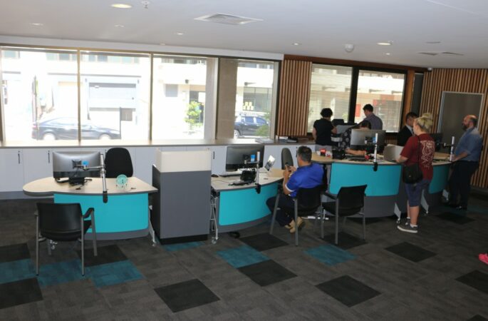 YAKETY YAK 202 desks deployed with Cash/Credit Modules in a municipality customer service center.