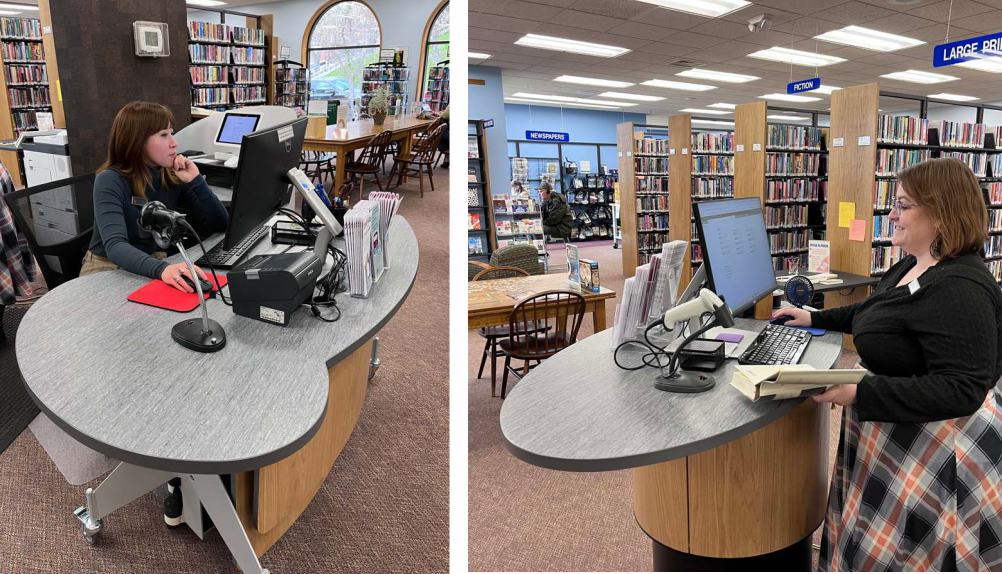 Whether working seated or standing, staff at Latah County Libraries can adapt our Yakety Yak 202 Desk and 102 Pod to meet their individual needs.