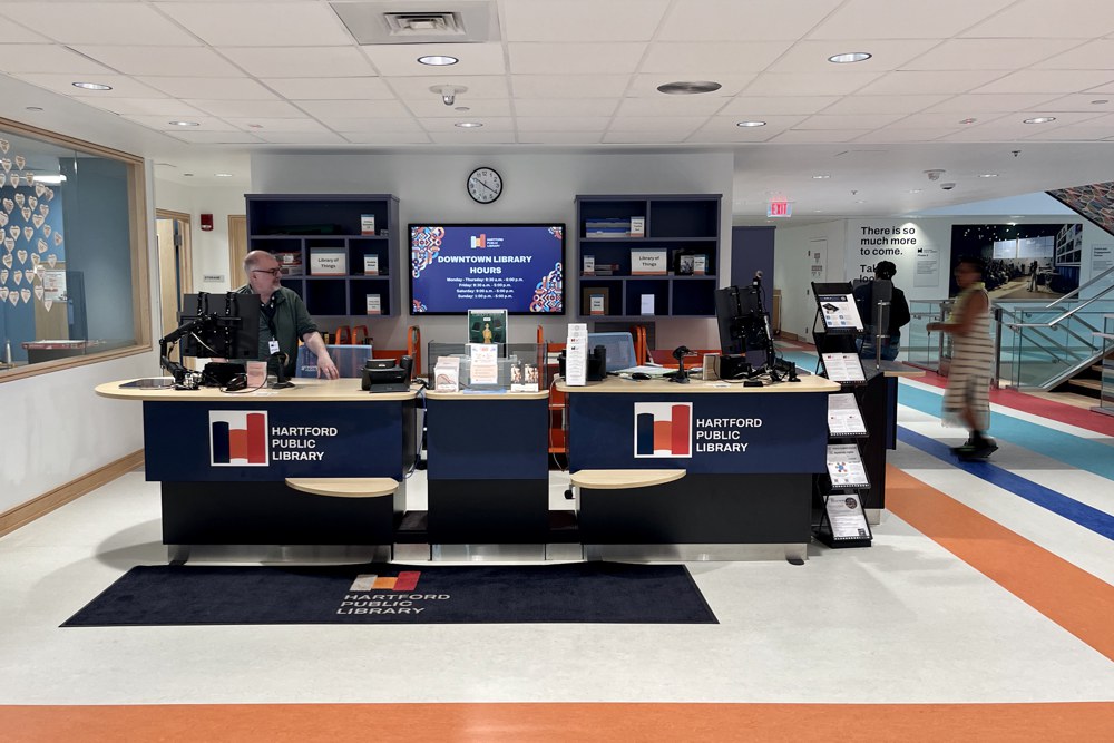 The main circulation counter features our YAKETY YAK 300 Series counters and support modules.