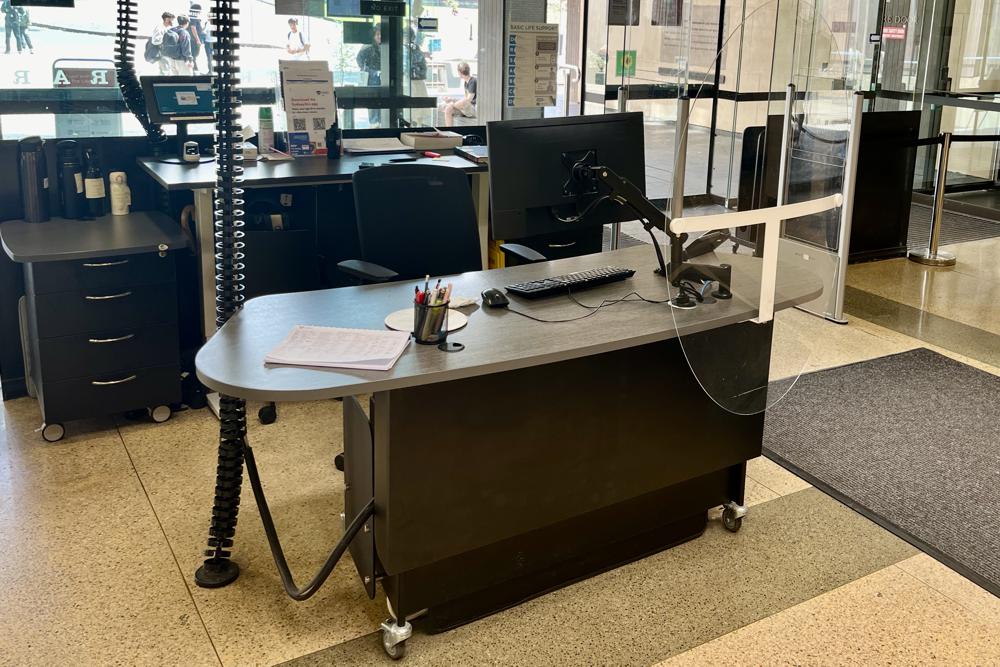 A YAKETY YAK 205 Island Desk in the entry foyer of the Fisher Library