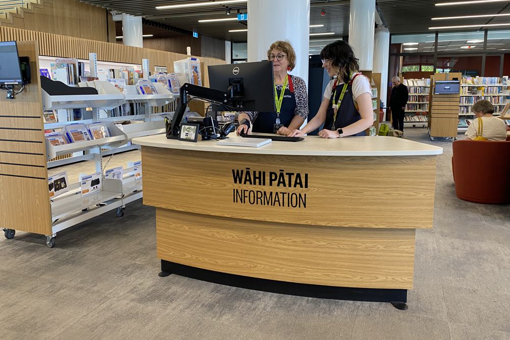 A YAKETY YAK 305 Radial Counter serving as the WĀHI PĀTAI information desk at Marlborough Library, Blenheim.