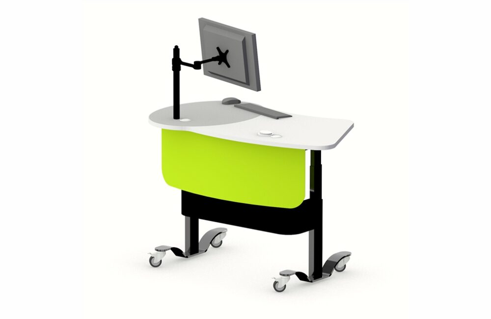 YAKETY YAK 401 library Desk in the standing position, with right hand orientation, and a two color worktop.