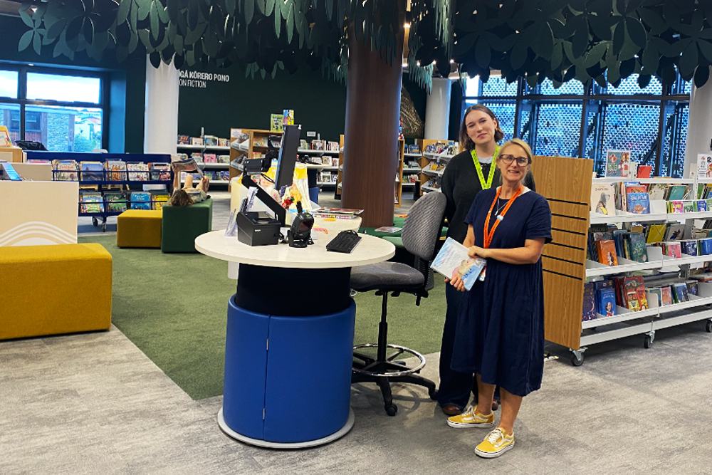 The team in the children’s area at Marlborough Library with their outgrown classic Yakety Yak pod.