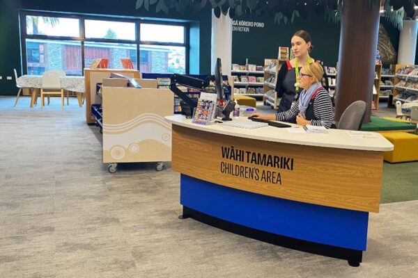 The upgraded children's area service desk at Marlborough Library – a YAKETY YAK 305 Counter.