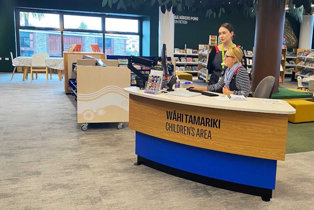 The upgraded children's area service desk at Marlborough Library – a YAKETY YAK 305 Counter.