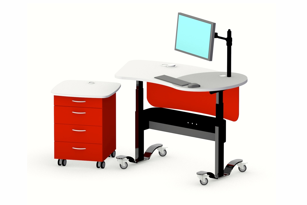 YAKETY YAK 401 Desk in the standing position, teamed with our Stand Alone Storage Module - staff side.