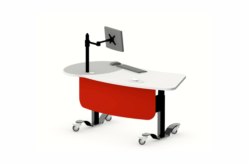 YAKETY YAK 402 Desk in the seated position, featuring a two color worktop.