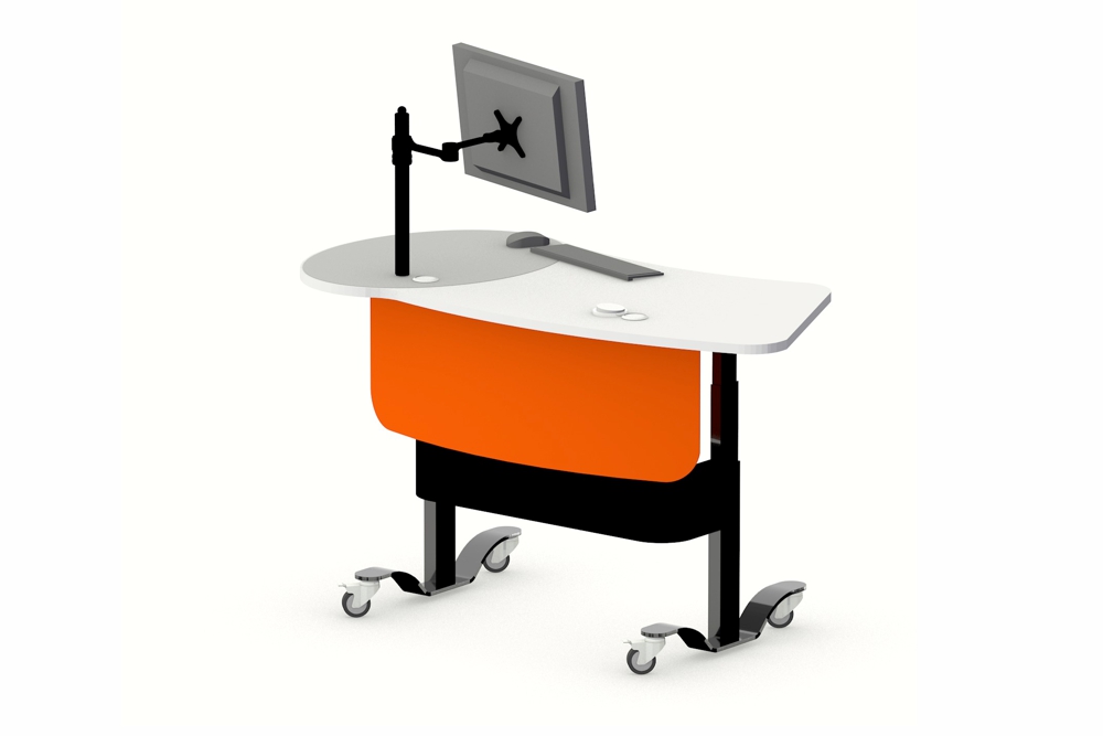YAKETY YAK 402 Desk in the standing position with right- hand orientation, featuring a two color worktop.
