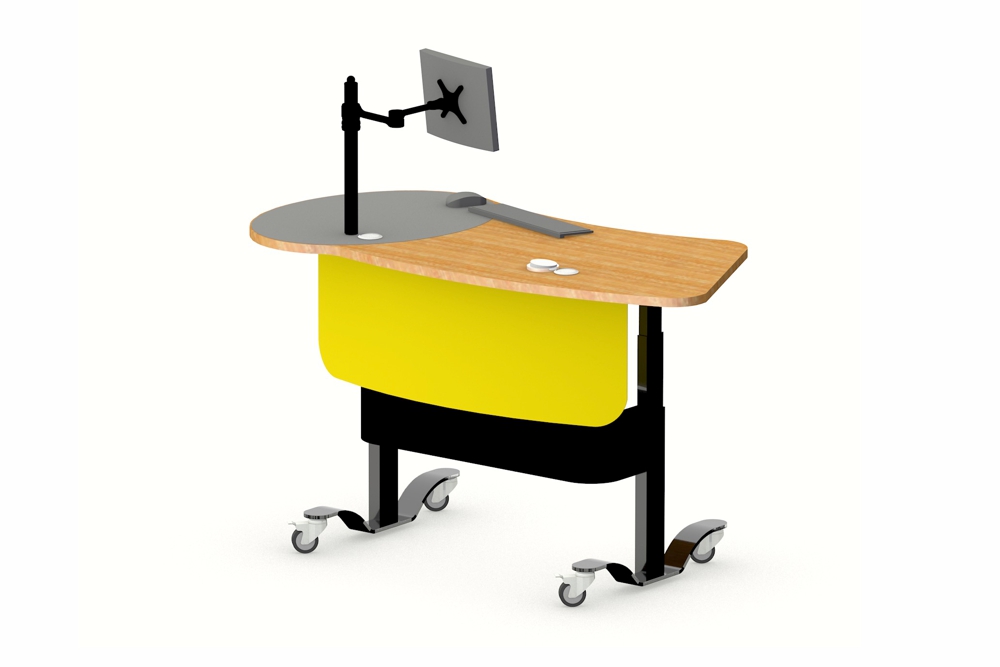 YAKETY YAK 402 teacher Desk in the standing position, featuring a grey and wood finish worktop.