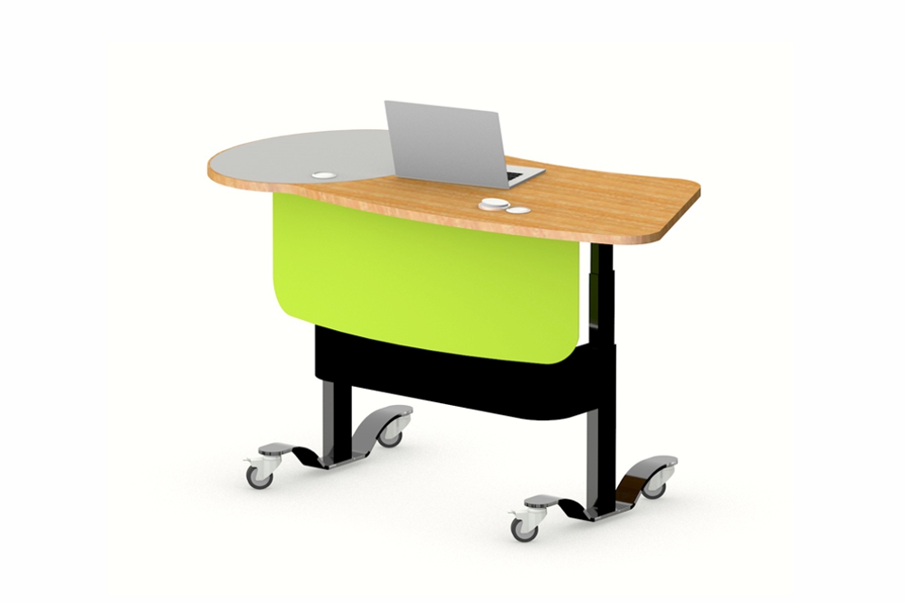 YAKETY YAK 402 Desk in the standing position, featuring a grey and wood finish worktop.