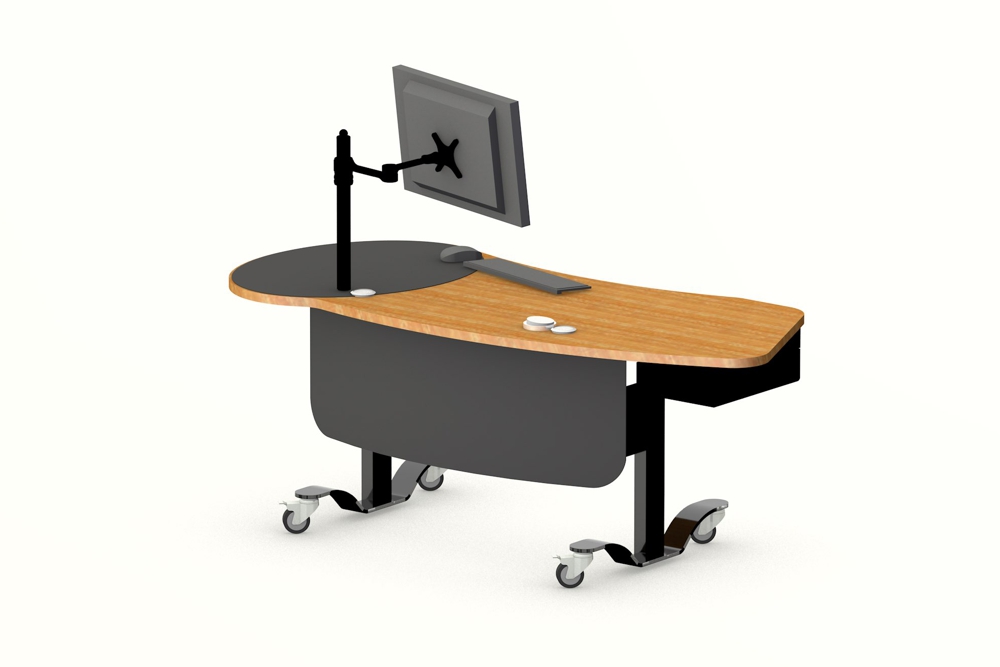 YAKETY YAK 403 Desk in the seated position, featuring a wooden finish worktop.