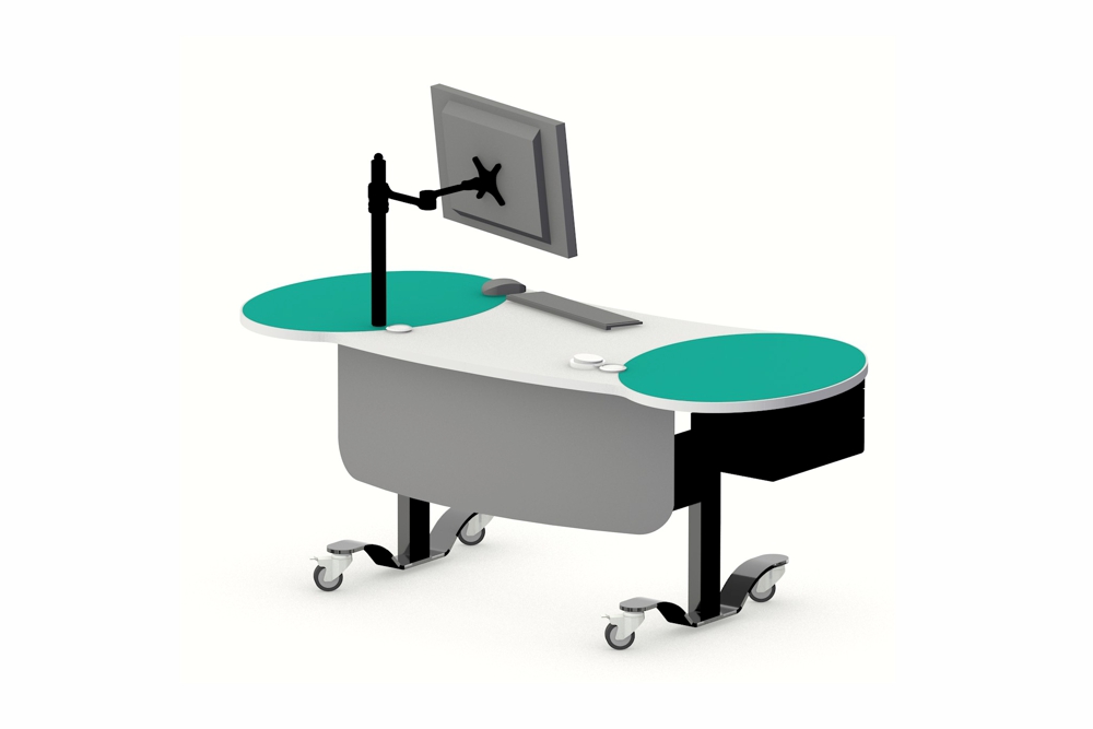 YAKETY YAK 404 Desk in the seated position, featuring a two color worktop.
