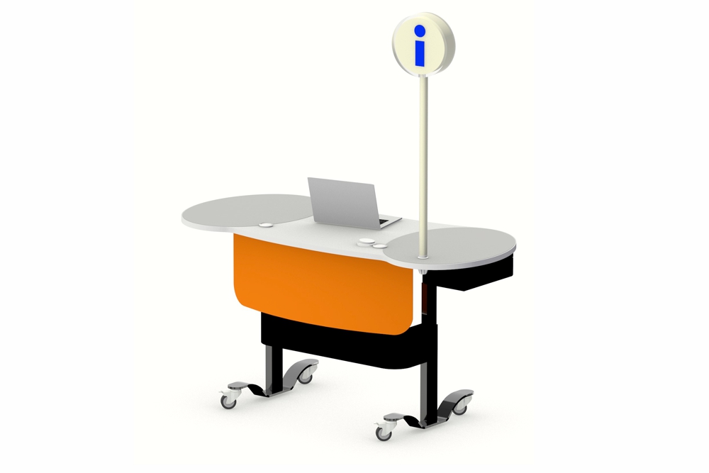YAKETY YAK 404 Desk in the standing position, installed with LOLLIPOP Illuminated Sign Pole.