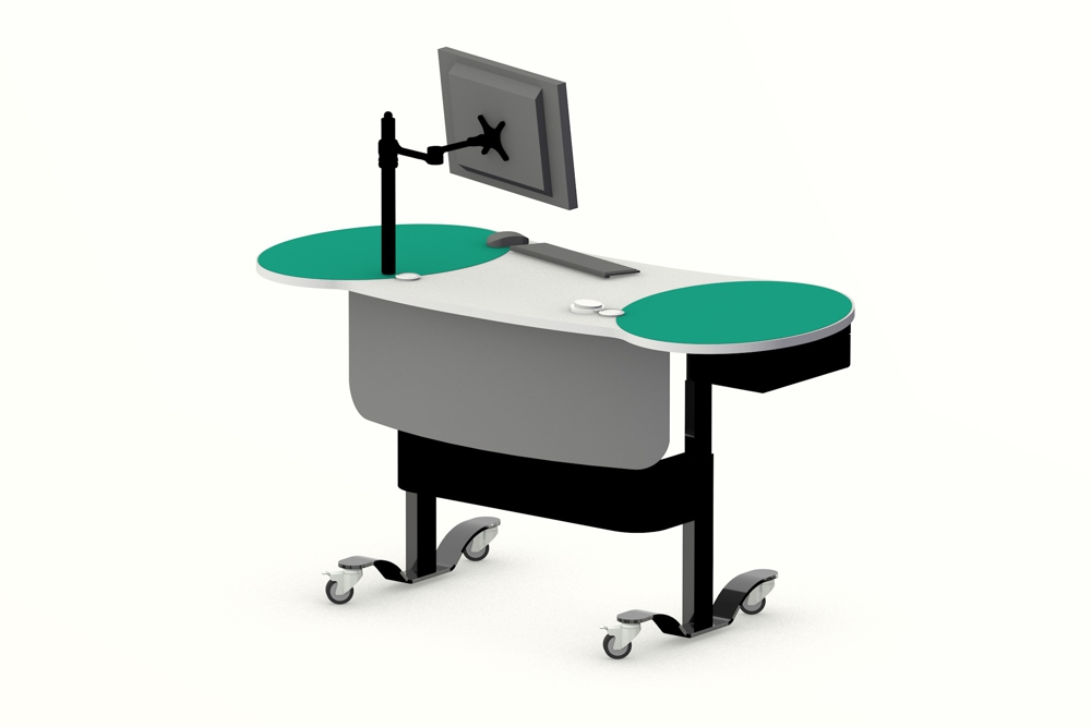 YAKETY YAK 404 Desk in the standing position, featuring a two color worktop.