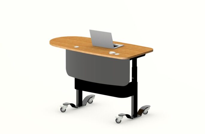 YAKETY YAK 405 Desk in the standing position, with a timber worktop finish.