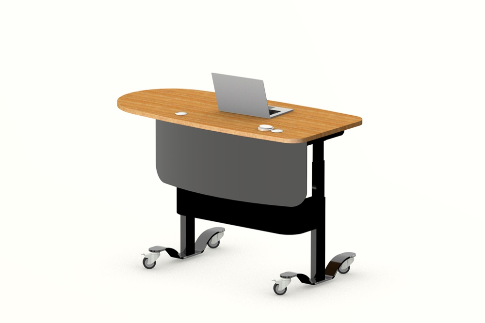 YAKETY YAK 405 Desk in the standing position, with a timber worktop finish.