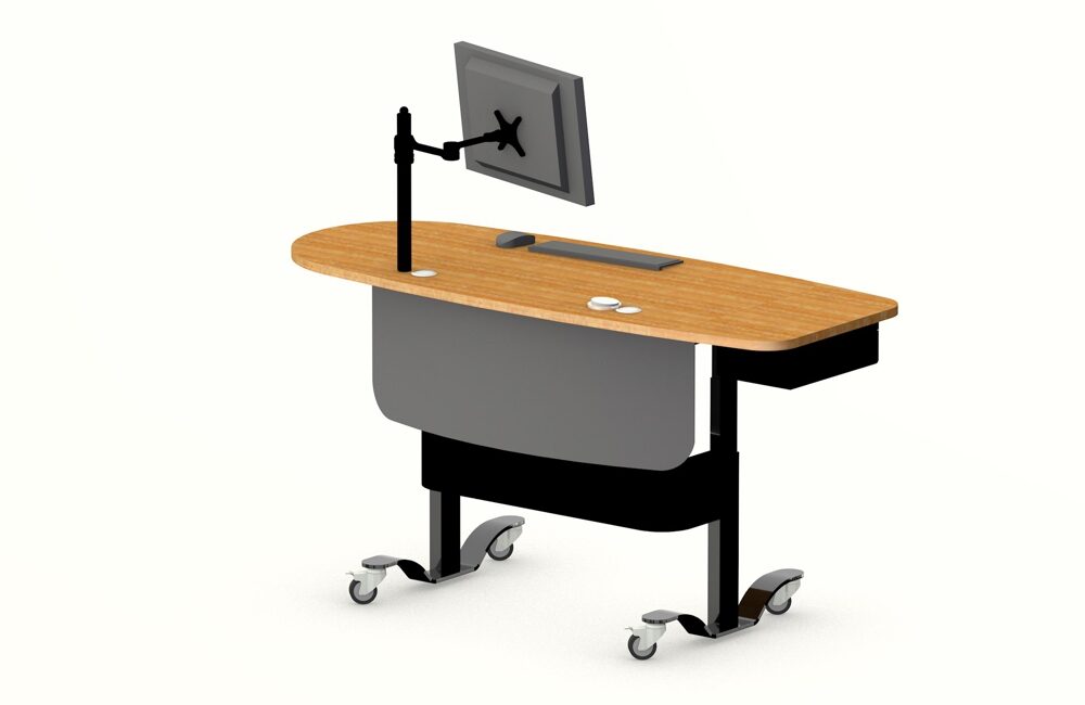 YAKETY YAK 406 Desk in the standing position, with right-hand orientation, featuring a timber worktop finish.